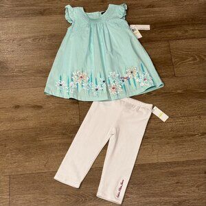 Toddler Girls CALVIN KLEIN JEANS 2-Pc Outfit MINT Green SMOCK White LEGGINGS
